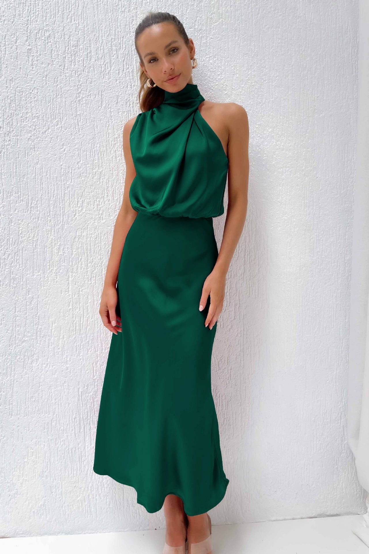 Carlina™ - Long Satin Dress with Halterneck