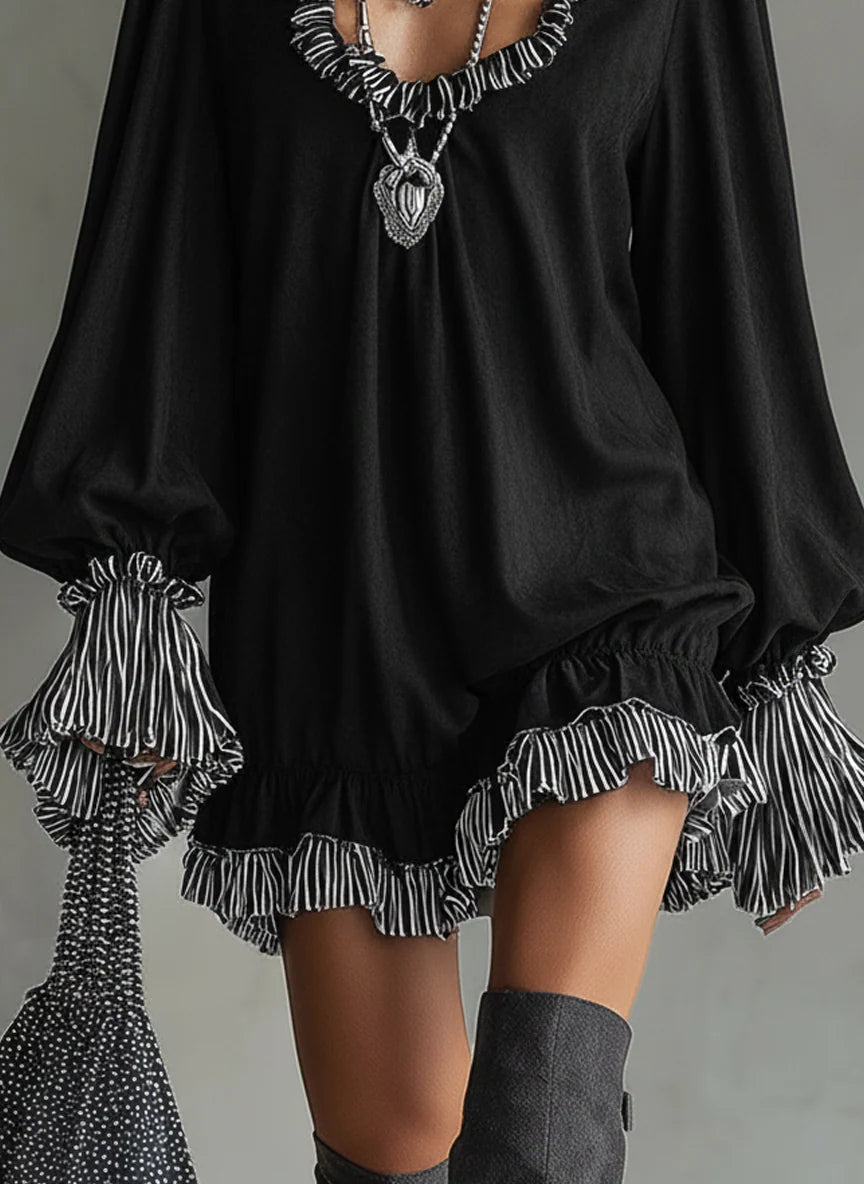 Faux Suede Mini Dress with Black Stripes and Ruffled Details