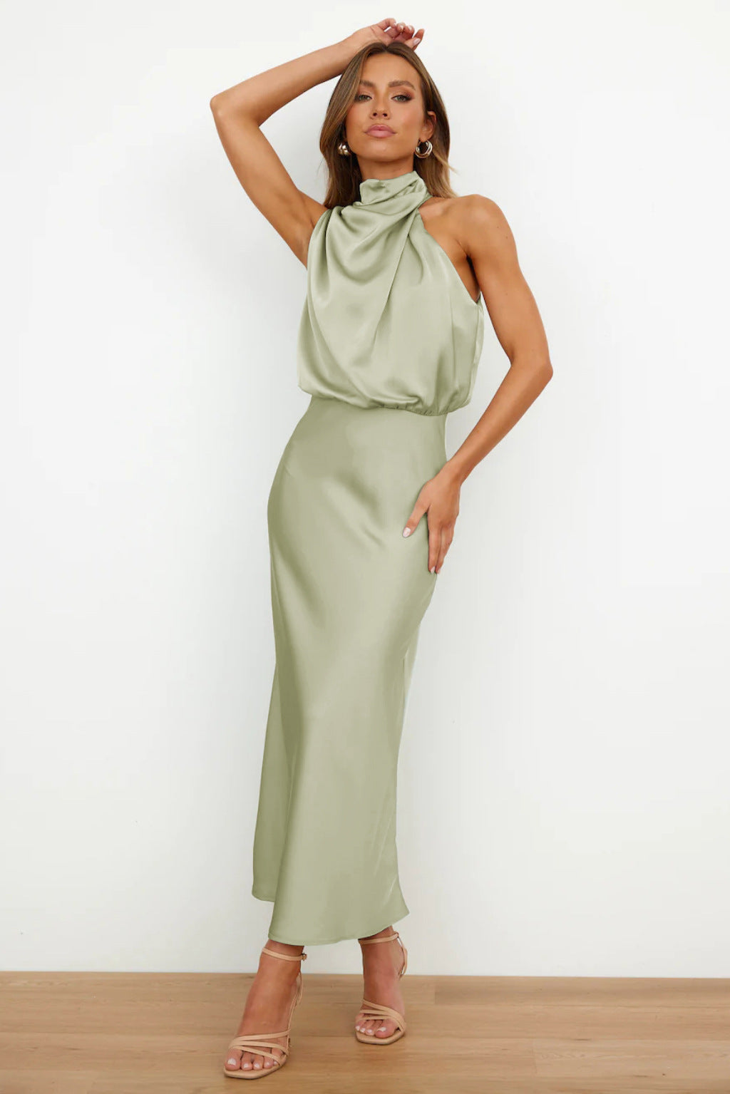 Carlina™ - Long Satin Dress with Halterneck