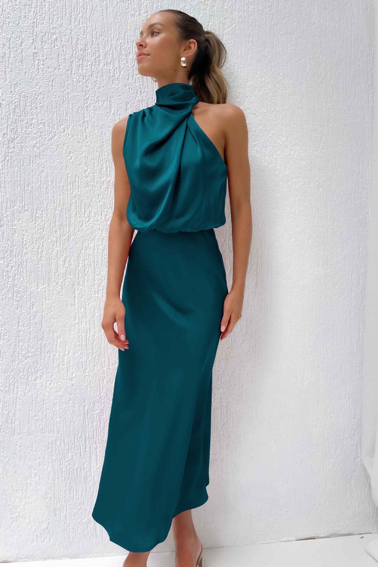 Carlina™ - Long Satin Dress with Halterneck