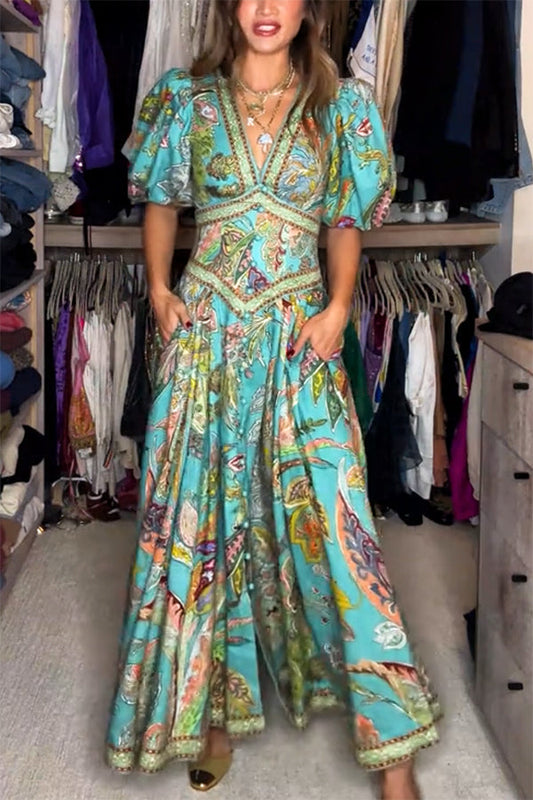 Amelia™ - Airy Maxi Dress with Puff Sleeves & V-Neck