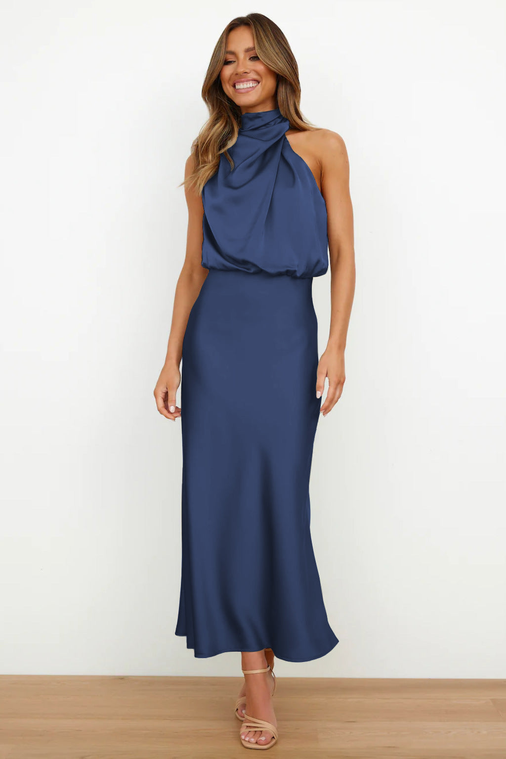 Carlina™ - Long Satin Dress with Halterneck