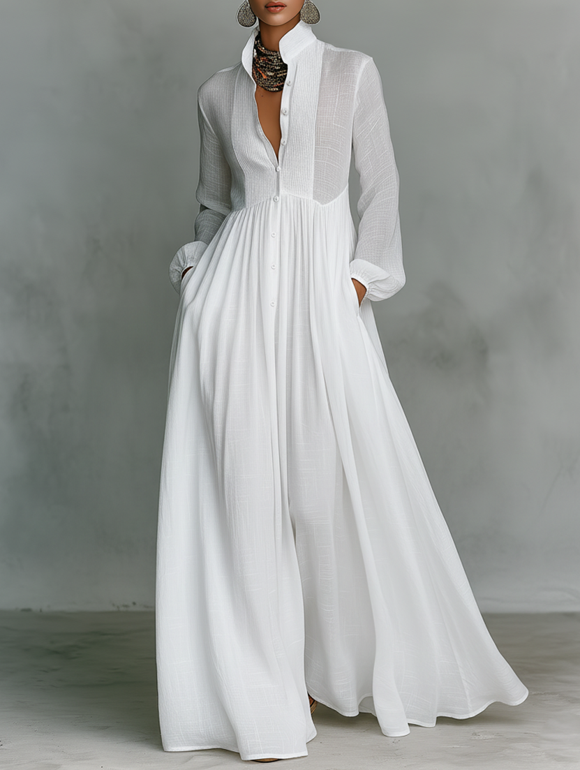 Elisa | Cotton and Linen Maxi Dress with Patchwork, High Neck, and Long Sleeves - Minimalist Style