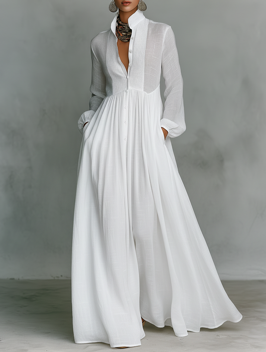 Elisa | Cotton and Linen Maxi Dress with Patchwork, High Neck, and Long Sleeves - Minimalist Style