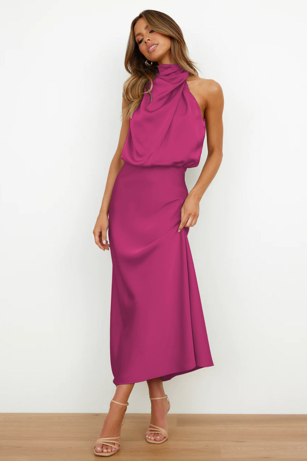 Carlina™ - Long Satin Dress with Halterneck