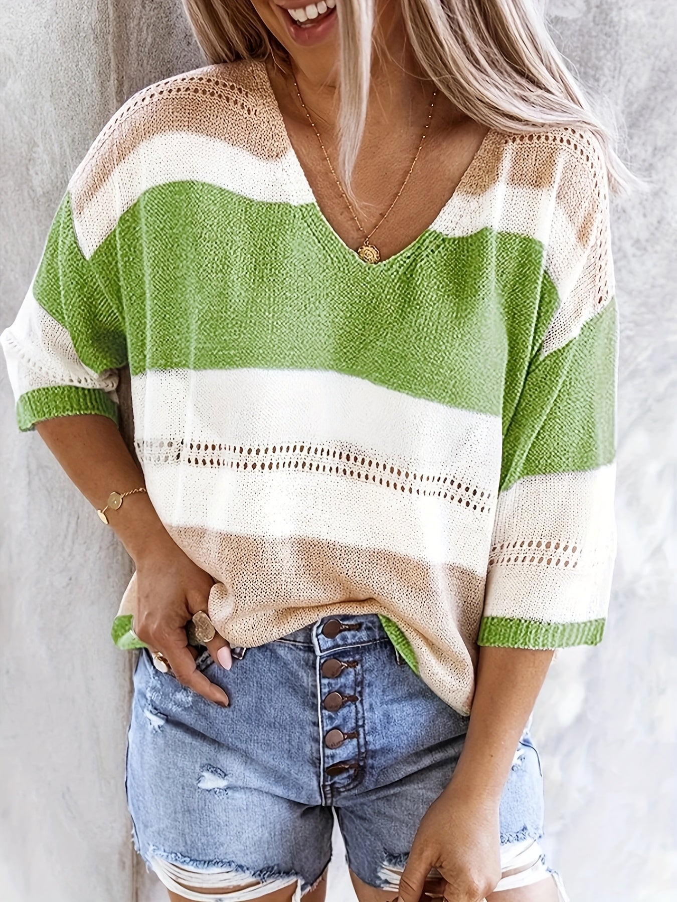 Olga™ - Casual Striped V-Neck Sweater
