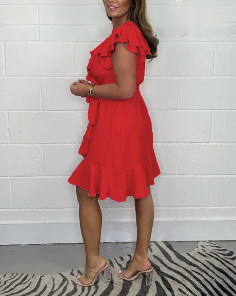 Rachel™ - Elegant V-Neck Ruffle Dress