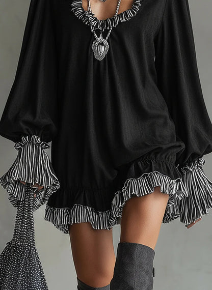 Faux Suede Mini Dress with Black Stripes and Ruffled Details