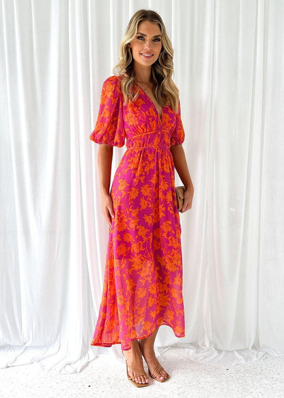 Katy™ - Elegant Puff Sleeved Floral Midi Dress