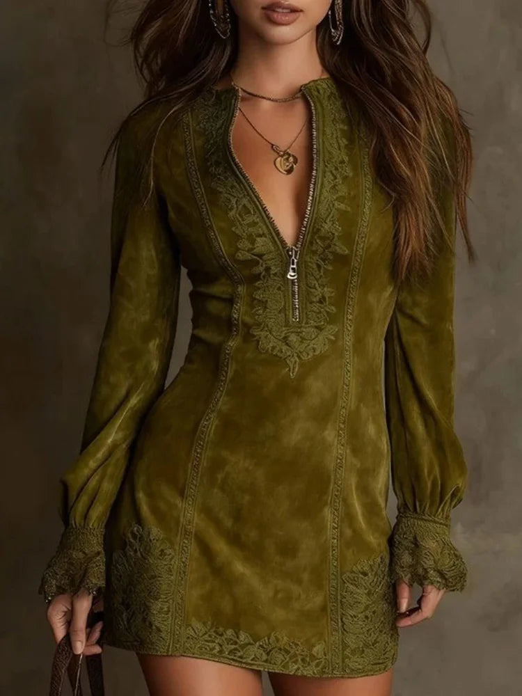 Chic Short Suede Lace Dress - Elegant & Feminine