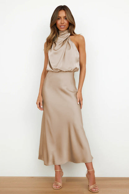 Carlina™ - Long Satin Dress with Halterneck