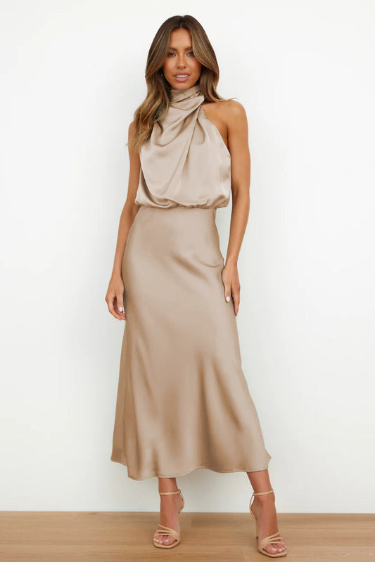 Carlina™ - Long Satin Dress with Halterneck
