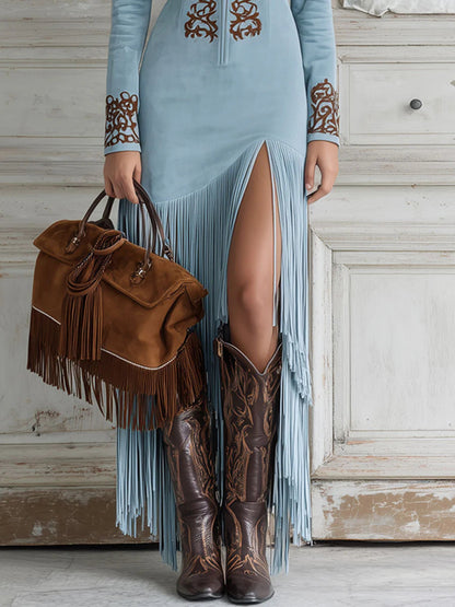 Ophelio Western-Inspired Maxi Dress with Embroidered Faux Suede Fringe and Half-Zip Detail