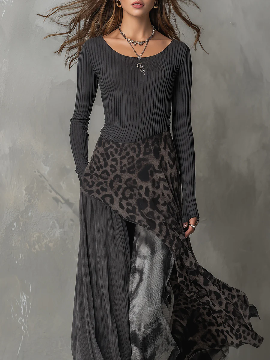 Maxi Dress with Grey Pit Stripe and Leopard Print Splicing, Irregular Hem
