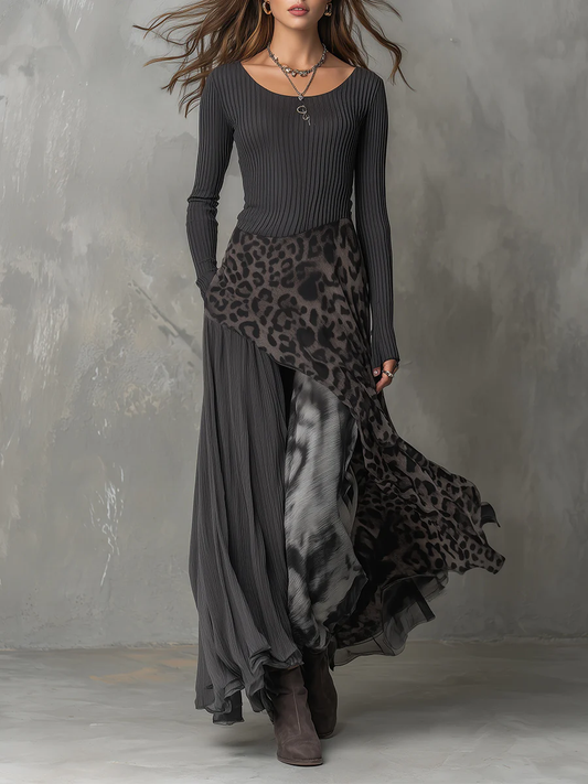 Maxi Dress with Grey Pit Stripe and Leopard Print Splicing, Irregular Hem