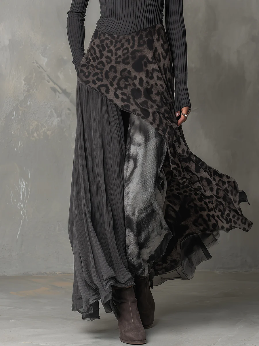 Maxi Dress with Grey Pit Stripe and Leopard Print Splicing, Irregular Hem