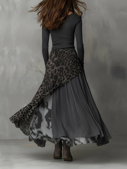 Maxi Dress with Grey Pit Stripe and Leopard Print Splicing, Irregular Hem