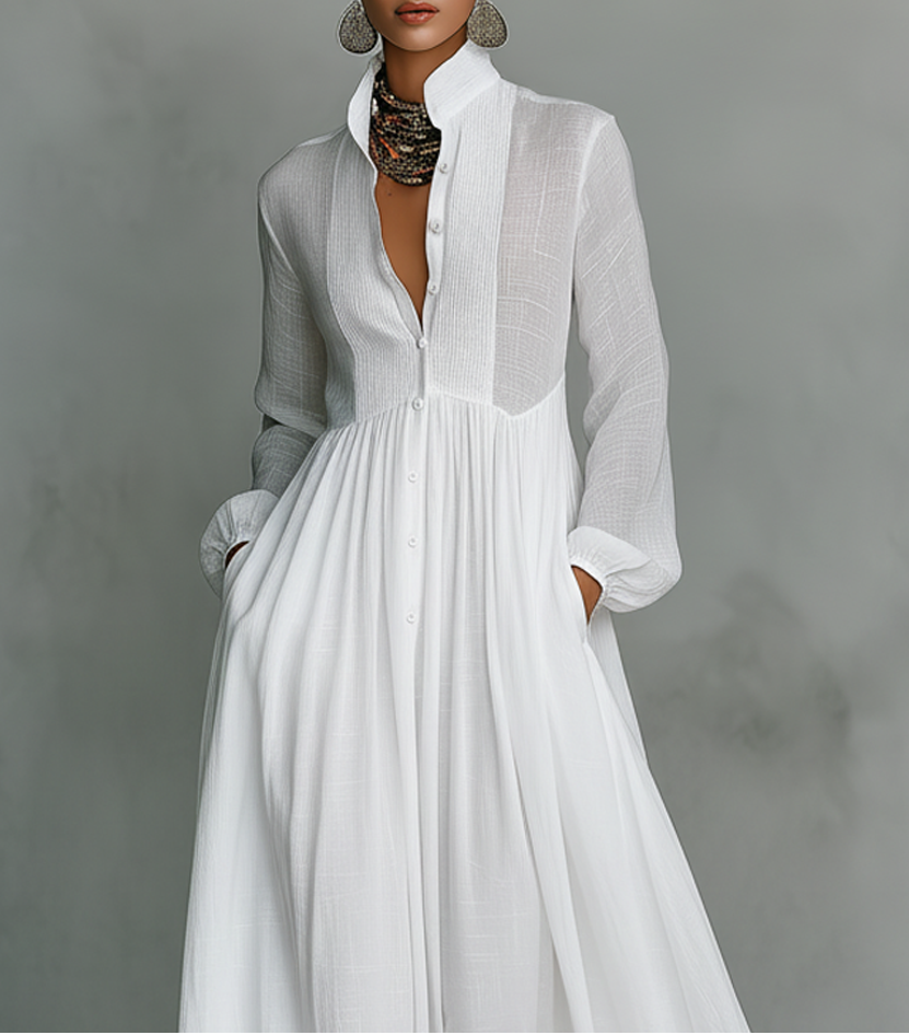 Elisa | Cotton and Linen Maxi Dress with Patchwork, High Neck, and Long Sleeves - Minimalist Style