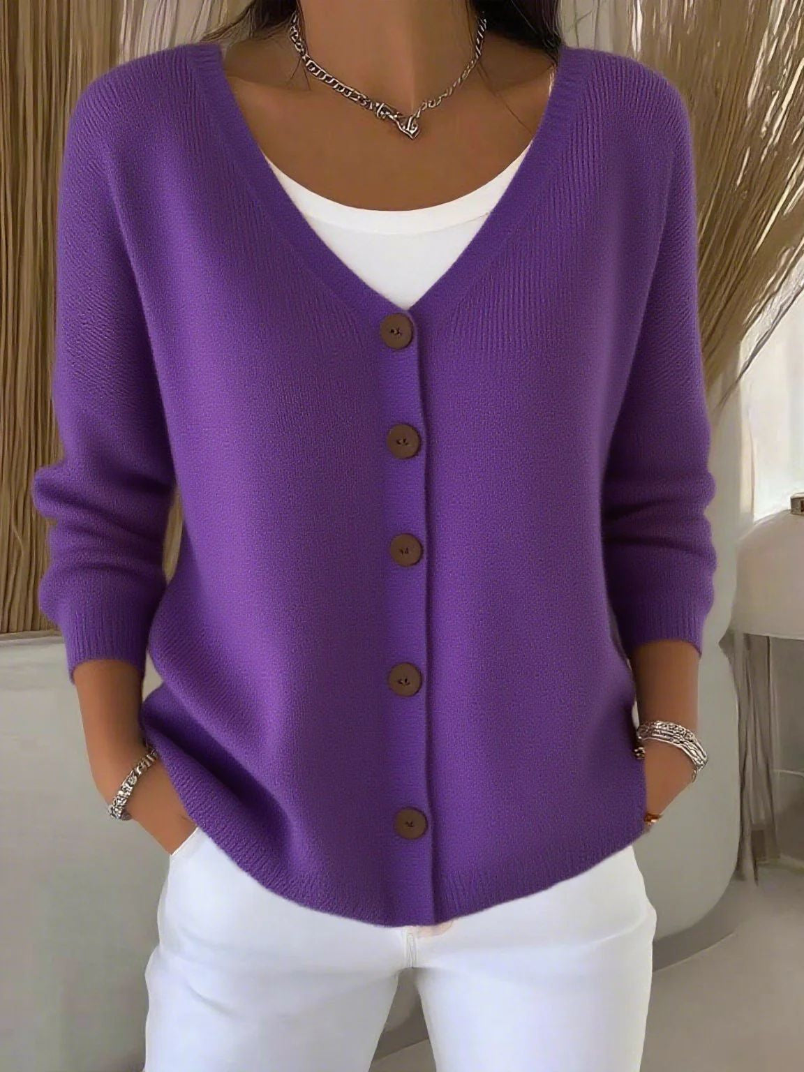 Olivia™ - Long Sleeve V-Neck Button Sweater