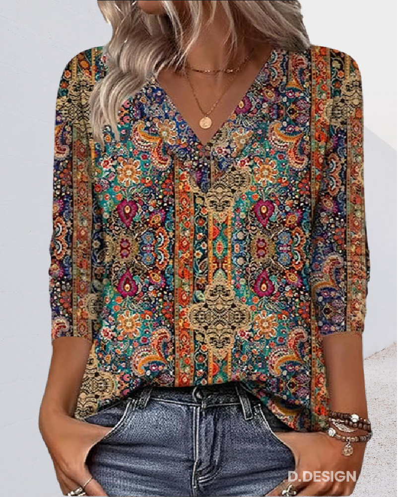 Emilia™ - Retro Printed V-Neck Blouse