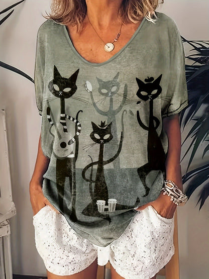 Sue™ - Casual Cat Print T-Shirt
