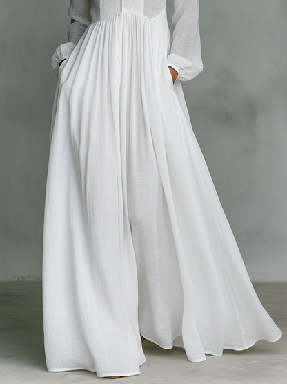 Elisa | Cotton and Linen Maxi Dress with Patchwork, High Neck, and Long Sleeves - Minimalist Style