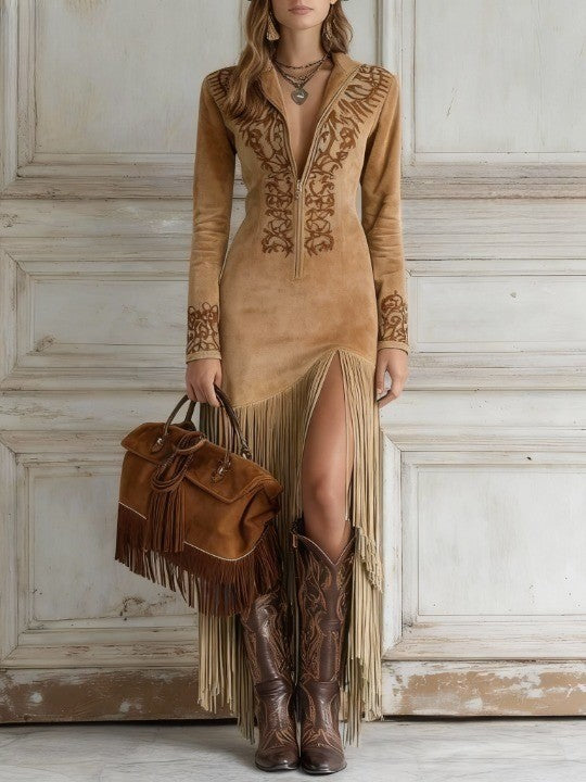 Ophelio Western-Inspired Maxi Dress with Embroidered Faux Suede Fringe and Half-Zip Detail