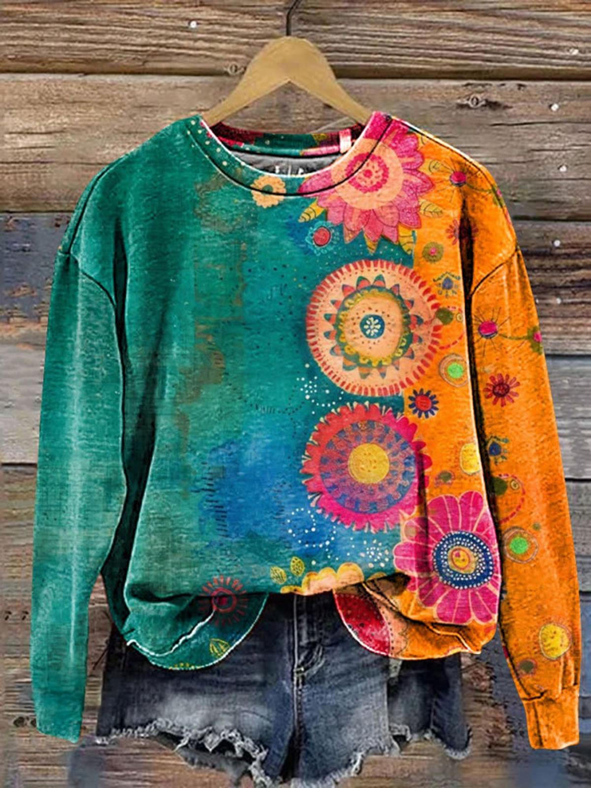 Tamara™ + Vintage Flower Printed Long Sleeve Casual Top
