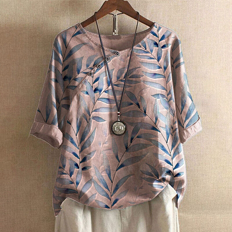 Claudine™ – Leaf Print Button Detail Blouse