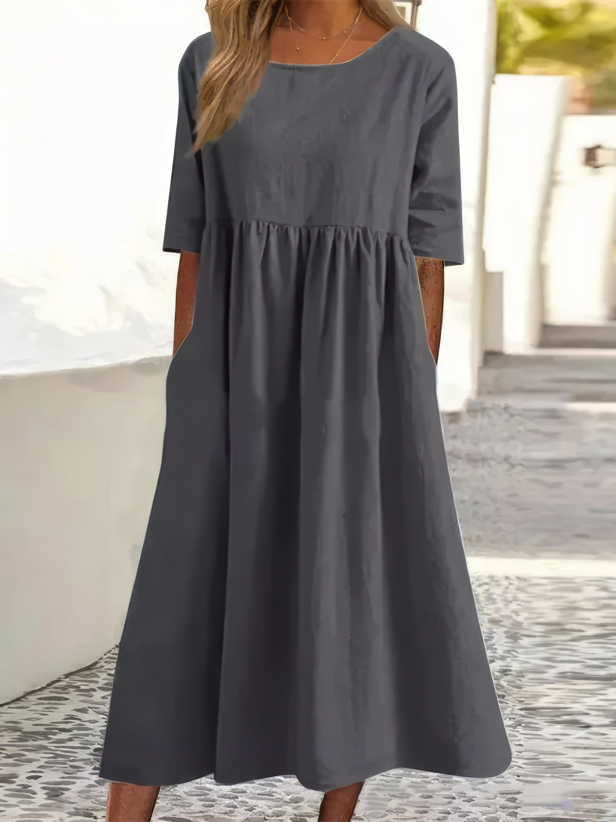 Maikee™ - Cotton Dress with Round Neckline and Pockets
